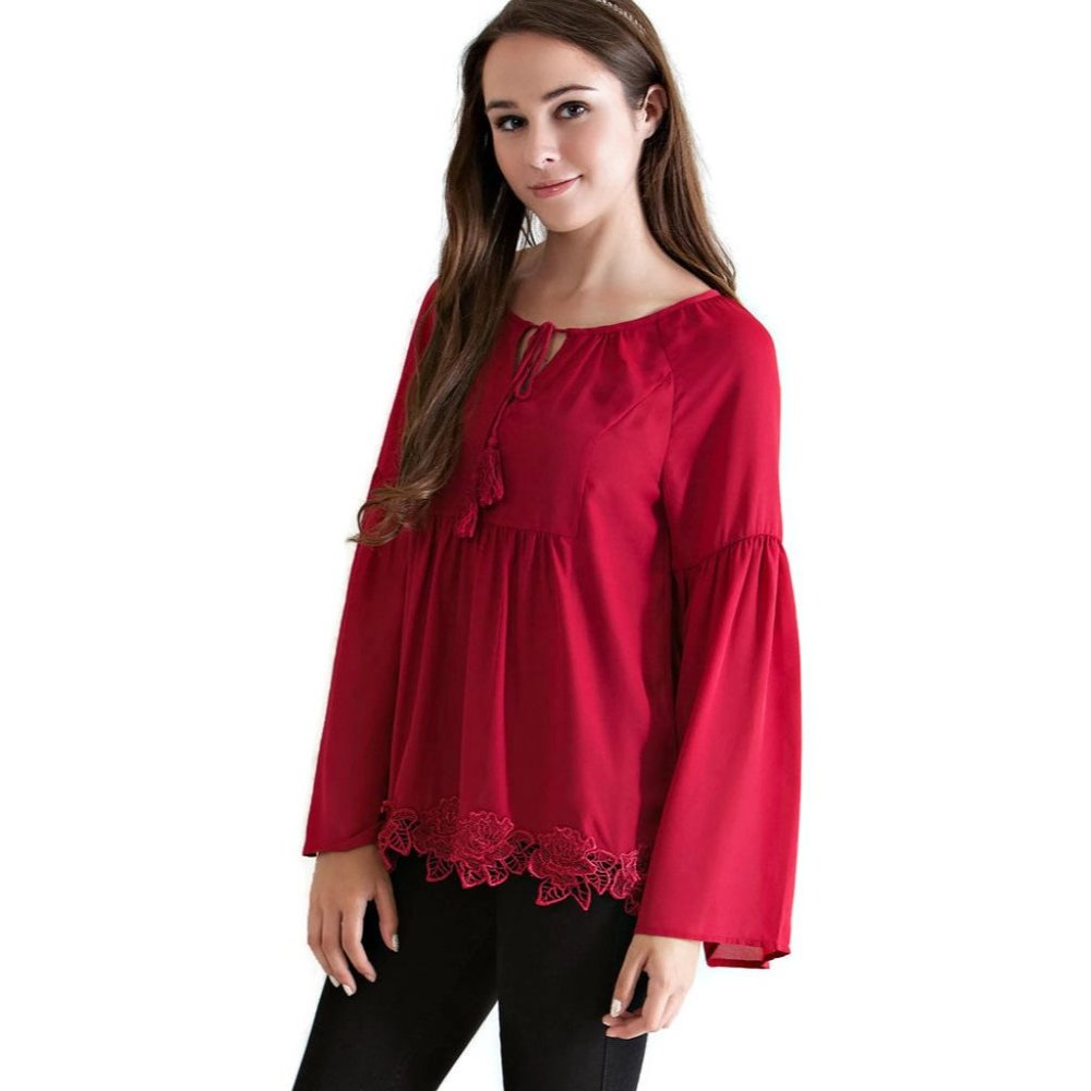 Entro Lace, Bell & Tassel Tunic Burgundy - Picture 2 of 5